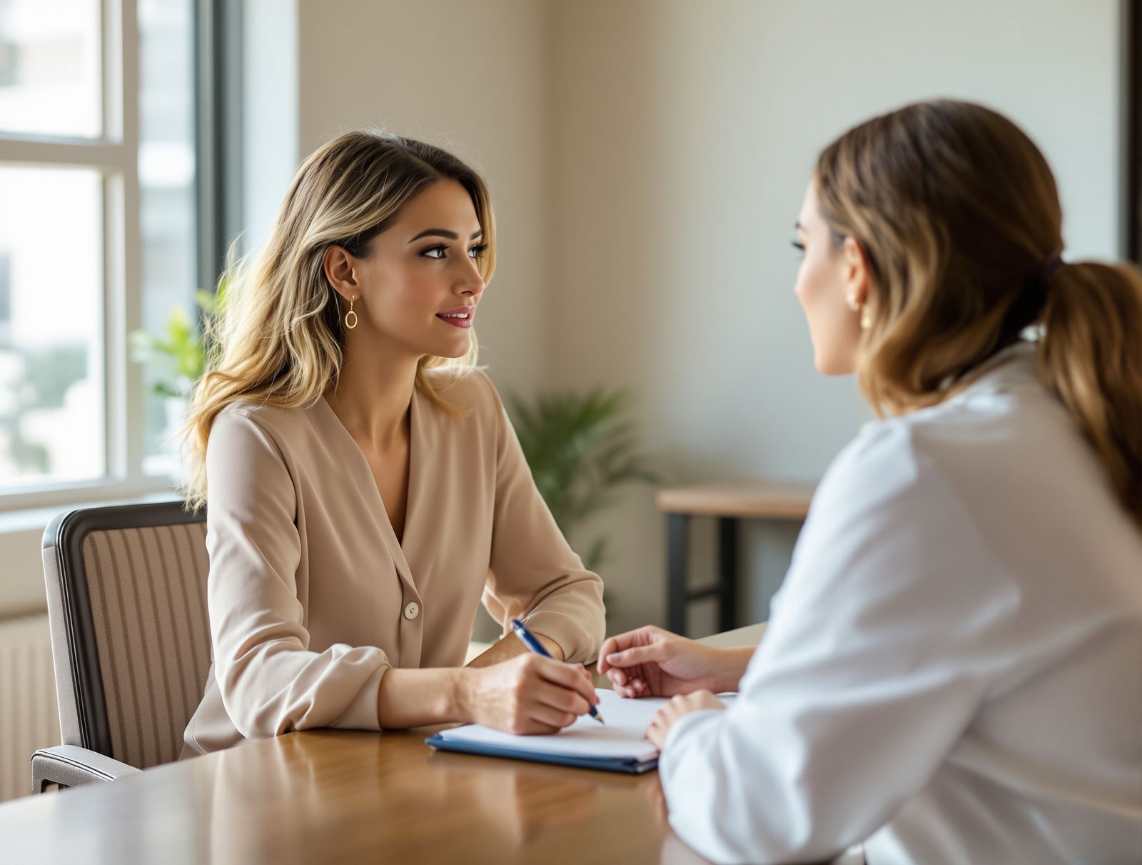 A woman taking notes across the desk from a surgeon during a sunlit consultation