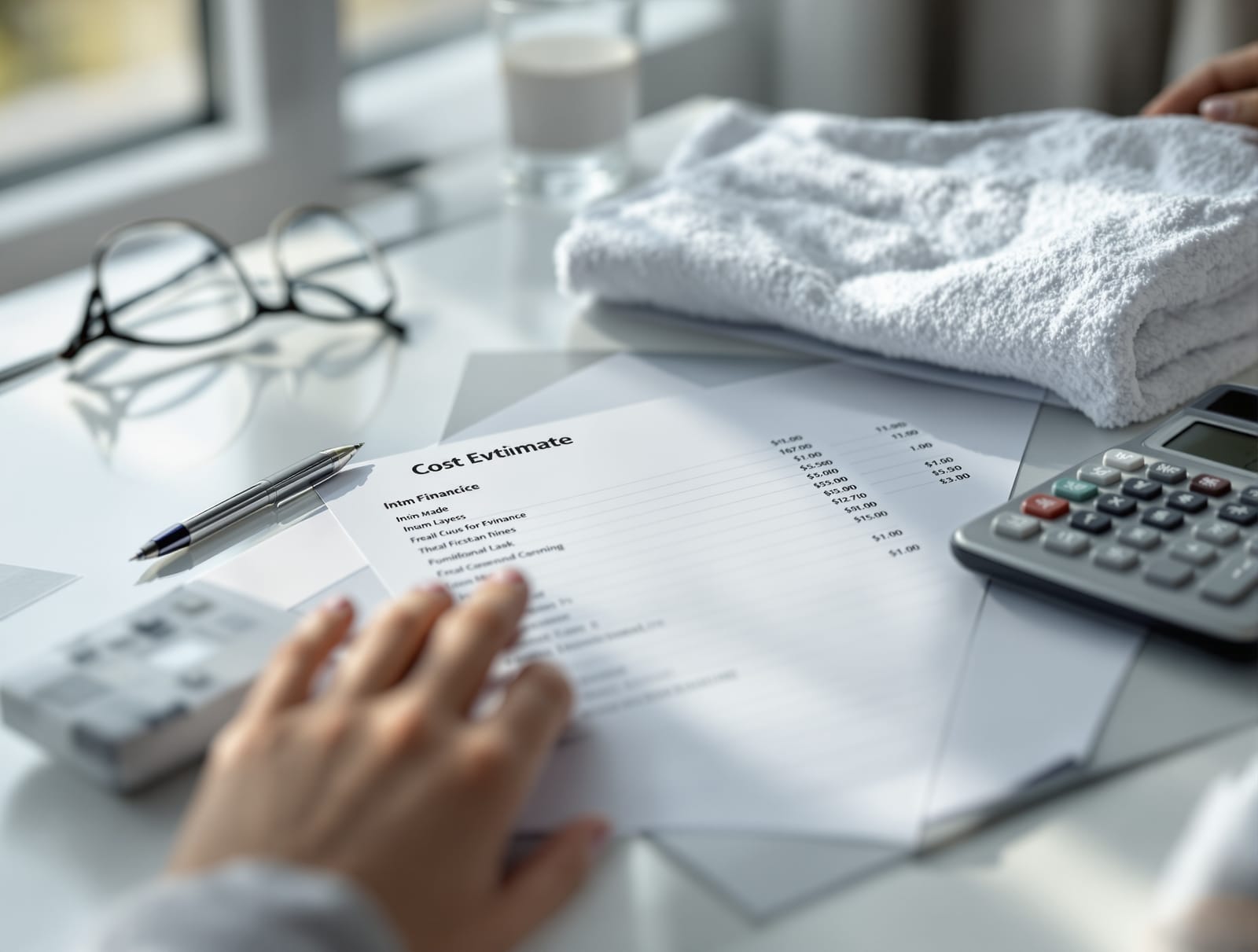 An itemized printed cost estimate beside a calculator, glasses, and pen in soft light