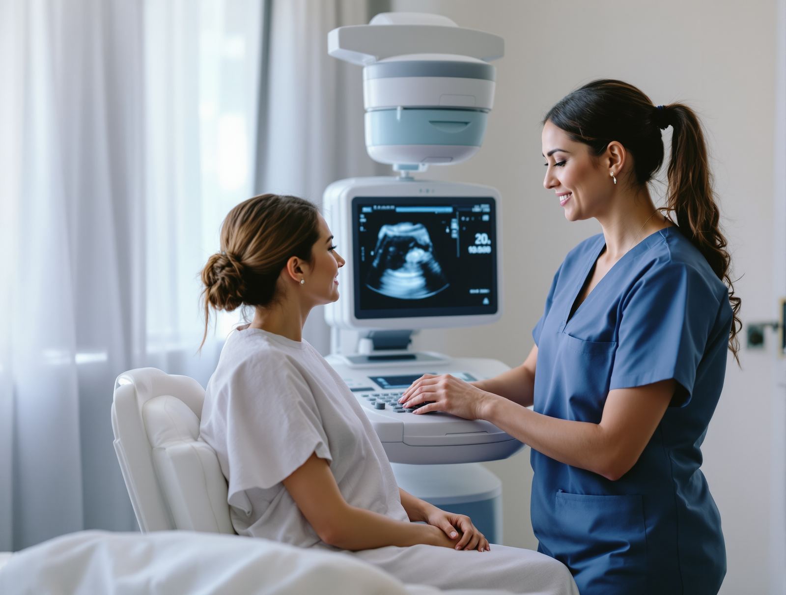 A technician preparing an ultrasound machine while a gowned patient sits nearby