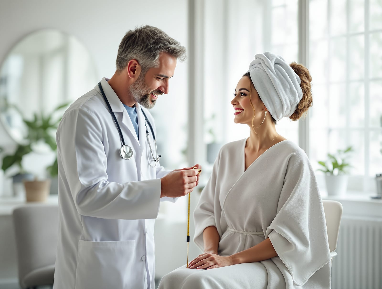 A surgeon marking measurements with a tape measure during a bright clinic consultation