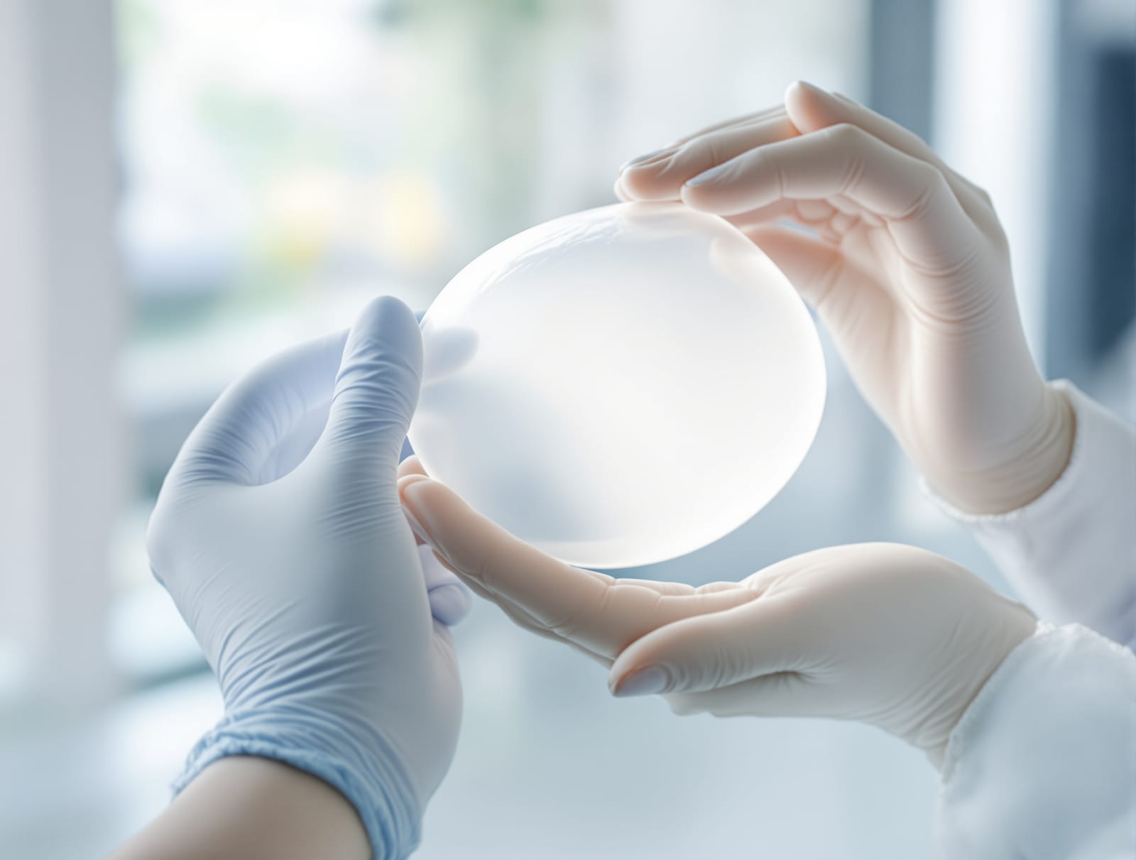 A surgeon examining a breast implant sample in gloved hands in a bright clinic