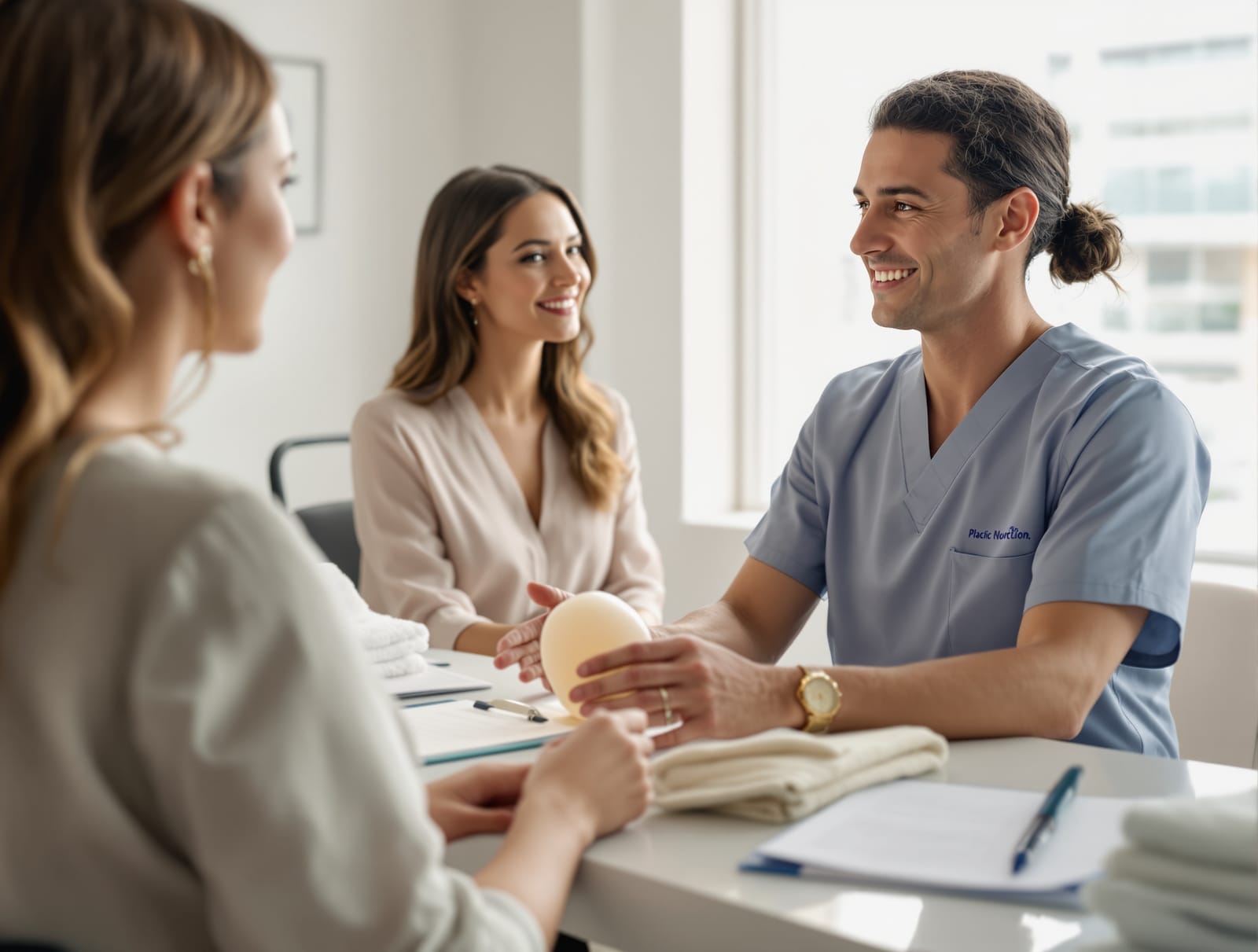 A surgeon and a clothed patient discussing an implant sample across a bright consultation desk