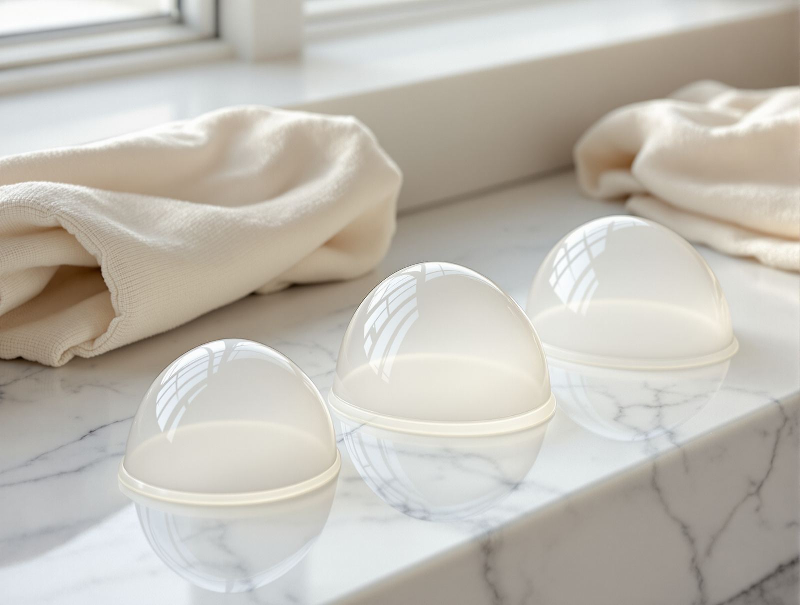 Three clear implant sizer samples in a row on pale marble beside folded linen